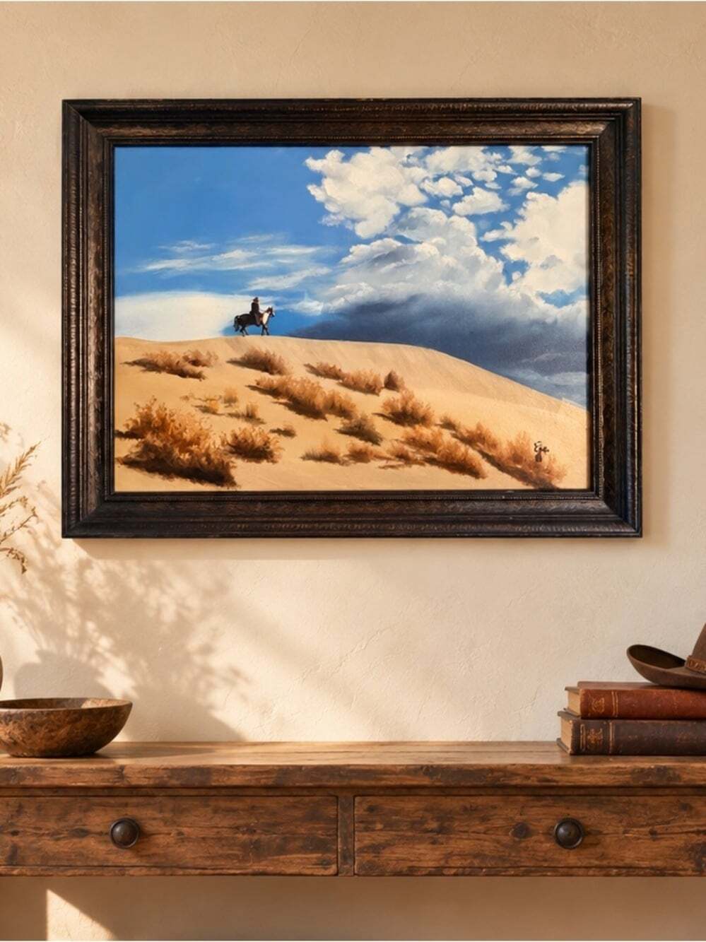 Lone Rider -Western Rustic Framed Cowboy Horse Desert Landscape Art 21.5โณ ร 25.5